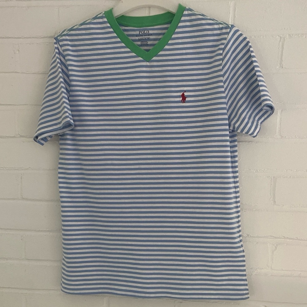 Boys Classic Polo By Ralph Lauren Green Trim Light Blue Striped V-Neck Tee